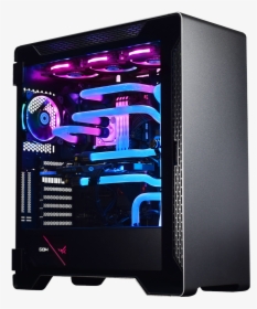 black gaming computer with RGB watercooling.
