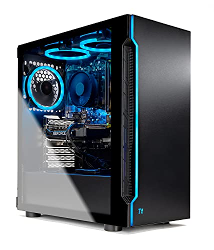 black gaming computer with light blue lighting.